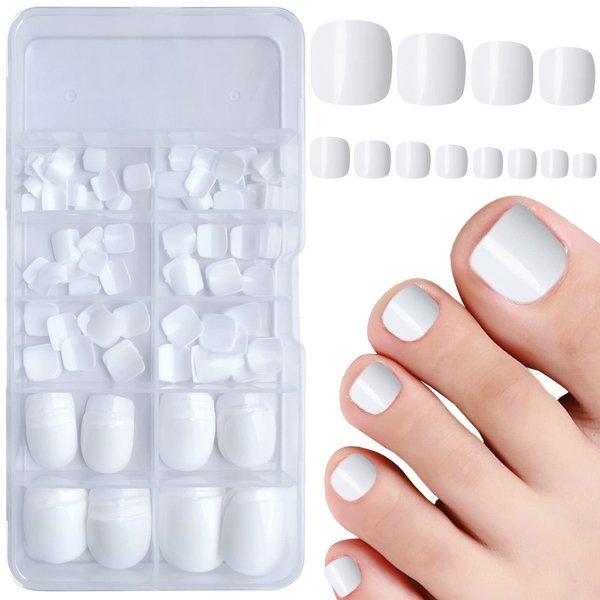Bellelfin White Press on Toenails 120pcs Short Square Fake Toenails Full Cover Glossy Acrylic False Toe Nails Tips with 5 Sheets Adhesive Glue Tabs for Women and Girls Foot Decor