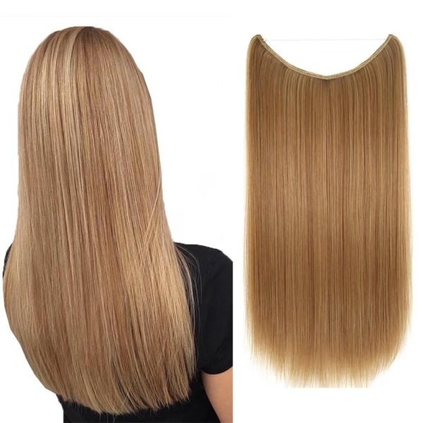 iLUU 22 Inch Synthetic Fiber Hair Extensions Invisible Transparent String Hair Extension Color #27A/613 Honey Blonde/Bleach Blonde 80g Per Package Strong Fishing Line Hair Extensions for Women