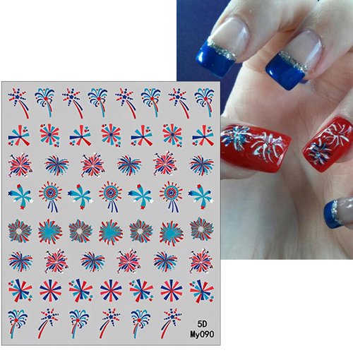 3 Sheets 4th of July Nail Stickers Patriotic Nail Decals Embossed 5D Firework Pattern Nail Art Stickers Memorial Day Red Blue Nail Design Supplies Independence Day Nail Decoration for Women Girls