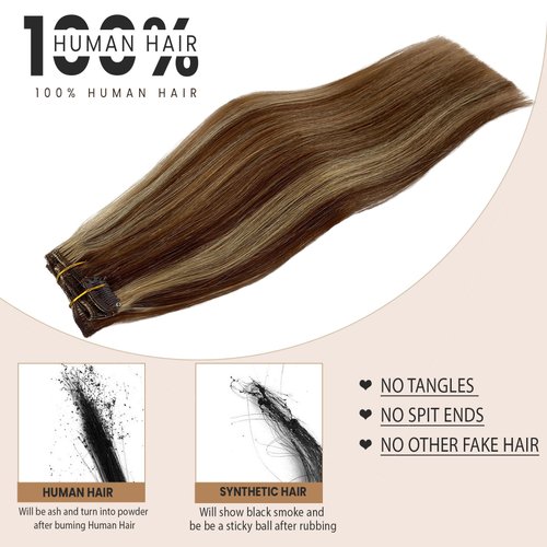Clip in Hair Extensions 70g Seamless Clip in Hair Extensions Human Hair Balayage Blonde Highlighted Medium Brown Human Hair Clip in Extensions 7pcs 16inch Double Weft Remy Hair Extensions