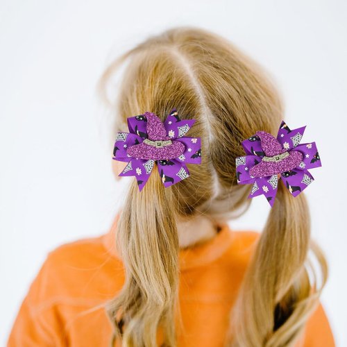 2PCS Halloween Hair Bows Clips for Kids Boys Girls Glitter Witch Hat Bows Clips Hairgrips Hair Barrette Halloween Purple Hair Accessories Headdress for Halloween Cosplay Costume Party Decoration