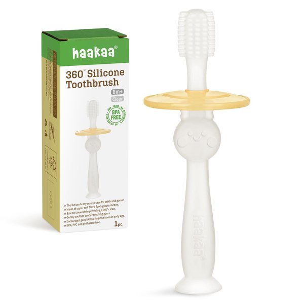 haakaa 360° Baby Toothbrush with Suction Base - Gentle Cleaning for Infant Self-Brushing Training, Food-Grade Silicone, Adjustable Safety Shield - Translucent (1 Piece)