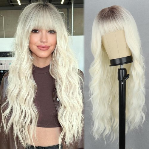 LINGHANG Long Platinum Blonde Wigs with Bangs Long Wavy wigs for Women,Platinum wig Heat Resistant Synthetic Fiber Wigs for Halloween Cosplay Party