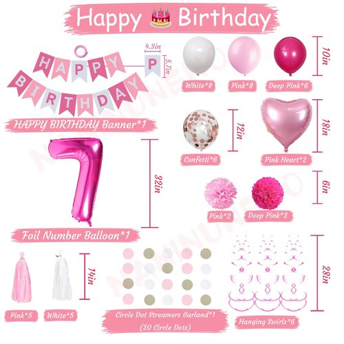 Sweet 7th Birthday Decorations for Girls, Pink and White 7 Happy Birthday Balloons，7th Birthday Party Supplies for Daughter Her Kids Including Pink Happy Birthday Banner, Hot Pink Number 7 Foil