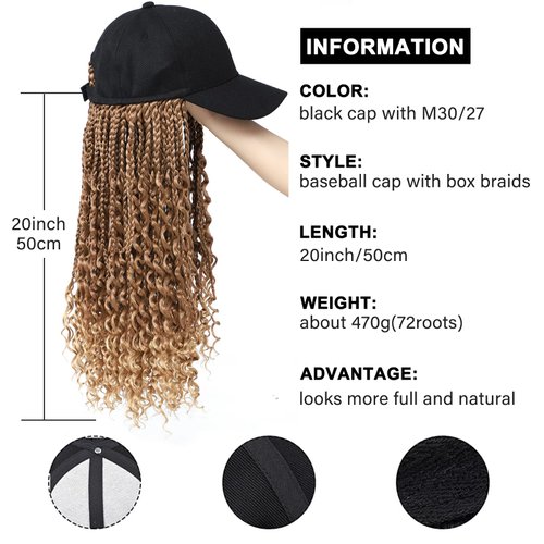 Goddess Box Braids Braiding Hair Baseball Cap Hat Wig Bohemian Curly Ends Box Braids Hat with Braided Hair Extensions for Black White Women Synthetic Braids Hat Wig with Hair Attached (20inch, M30/27)