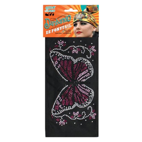 Danbando Headband Head Wrap Bandanna Butterfly and Flowers with Rhinestones 4 Way Stretch Optional Pony Tail Hole Sweatband