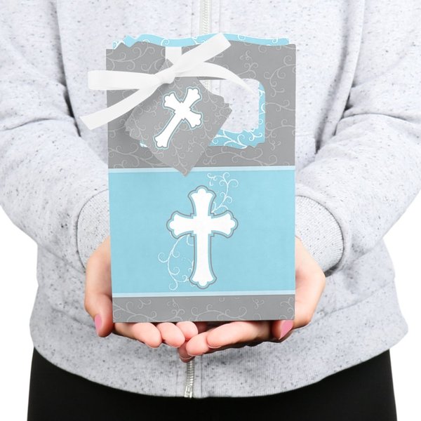 Big Dot of Happiness Little Miracle Boy Blue & Gray Cross - Baptism or Baby Shower Favor Boxes Set 12