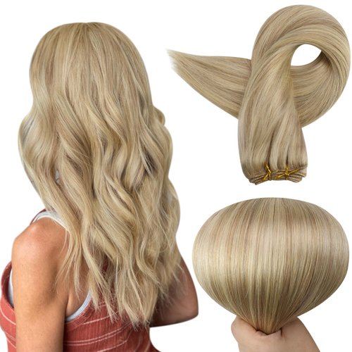 Full Shine Weft Hair Extensions Human Hair Highlights #27/613 Caramel Blonde Mix Platinum Blonde Sew in Human Hair Extensions Highlights Weft Hair Extensions Blonde Highlights Double Weft 105g 24inch