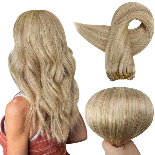 Full Shine Weft Hair Extensions Human Hair Highlights #27/613 Caramel Blonde Mix Platinum Blonde Sew in Human Hair Extensions Highlights Weft Hair Extensions Blonde Highlights Double Weft 105g 24inch