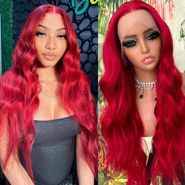QD-Tizer Red Synthetic Lace Front Wigs Body Wave Long Hair Wigs Glueless Transparent Swiss Lace Heat Resistant Loose Curly Wavy Synthetic Lace Front Wigs for Women