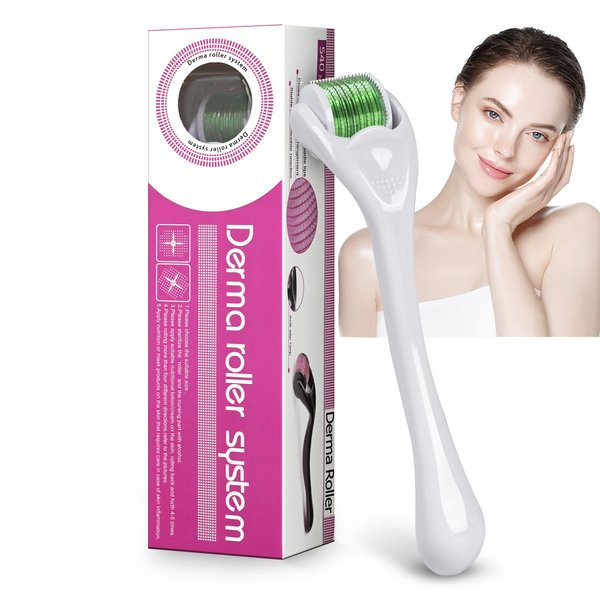 Derma Roller Beard Roller 540, Titanium Micro Needling Roller Microneedle Roller for Men Women Home Use 0.25mm (White handle+ Green Roller)