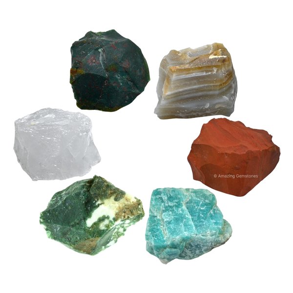 Crystals for Pain Relief Manifestation, Set of 6 Blood Stone, Amazonite, Clear Quartz, Red Jasper, Lace Agate and Moss Agate Healing Crystals and Stones