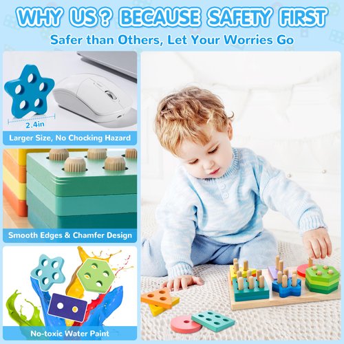 AMAWOOD Montessori Toys for 1 2 3 Year Old, Wooden Sorting & Stacking Blocks Toys for Toddlers 1-3, Colorful Educational Shape Sorter and Learning Puzzles Toys, Ideal Gift for Baby Boys Girls