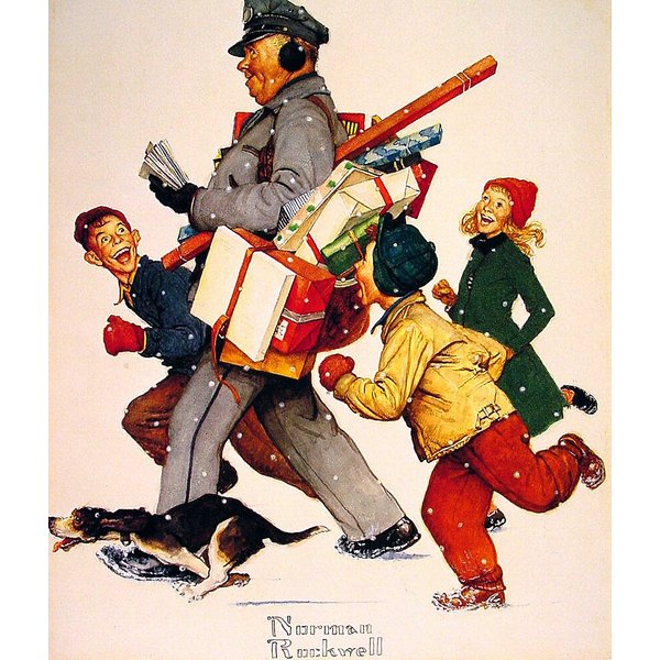 Olde Time Mercantile Christmas Mailman Norman Rockwell Art Print - 8 in x 10 in - Unmatted, Unframed