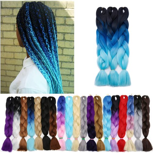 Benehair Ombre Braiding Hair 3 Bundles/lot 24inch Jumbo Braiding Hair Extensions High Temperature Synthetic Braid Hair Braiding Hair Pre Stretched Braid Extensions (Black+Dark Blue+Light Blue)