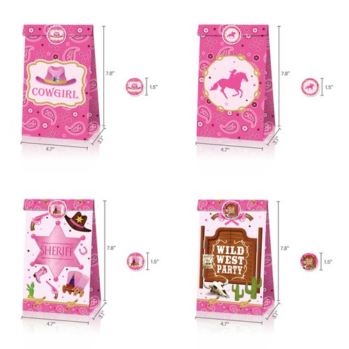 Cowgirl Party Bags, 12Pcs 2 Style Party Favors Gift with Sticker for Western Cowgirl Party Decoration 4 Patterns Pink Cowgirl Candy Pack for Birthday Party Supplies Birthday Party Cowgirl Fans Party