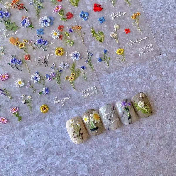 Embossed Sunflower Nail Art Sticker Small Daisy Little Wild Flower Nail Art Sticker Self-Adhesive Spring Summer Red Yellow Blue White Flower Nail Art Sticker Decal Design Nail Art Decoration for Women Girls Children (2 Sheets) + Multifunctional Nail Tweez