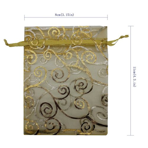 Ankirol 100pcs Sheer Organza Favor Bags For Wedding Baby Shower Rattan Print Gift Bags Samples Display Drawstring Pouches (3x4 inch, gold)
