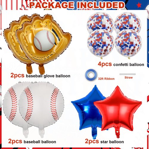 Baseball Birthday Party Balloons, 32 Inch Navy Blue Foil Number 10 Balloon, Baseball Glove Foil Balloon, Red Blue Star Confetti Balloon for 10th Birthday Sports Theme Party Supplies