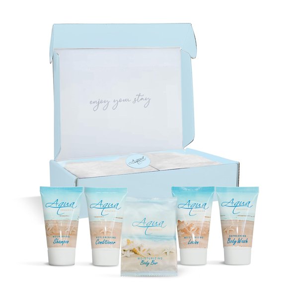 1-Shoppe All-In-Kit|Aqua Organics Amenity Kit|Boxed Hotel Toiletries|Bulk Set 1oz Travel Size Shampoo,Conditioner,Lotion,Body Wash & Bar Soap for Guest Hospitality AirBnB/Vacation Rentals|5 Pieces