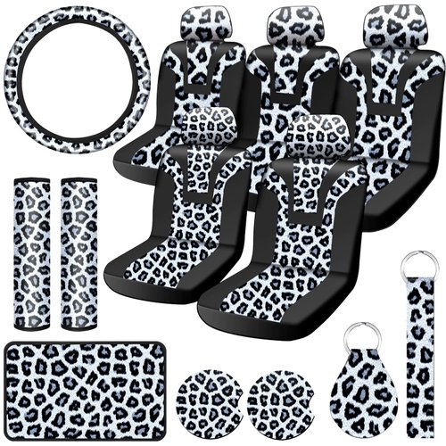17 Pieces Leopard Print Car Accessories Set Leopard Car Seat Covers Full Set Car Cup Holders Steering Wheel Cover Armrest Pad Cover Seat Belt Pads Key Chain and Wrist Strap for Decoration Protection