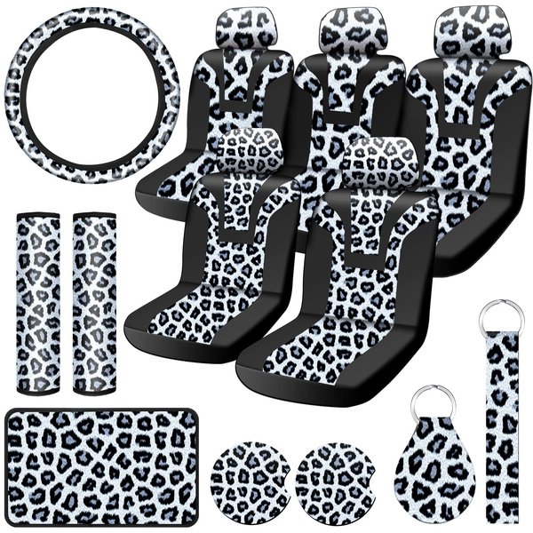 17 Pieces Leopard Print Car Accessories Set Leopard Car Seat Covers Full Set Car Cup Holders Steering Wheel Cover Armrest Pad Cover Seat Belt Pads Key Chain and Wrist Strap for Decoration Protection