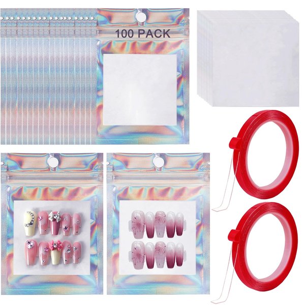 100 PCS Press on Nail Packaging Bag for Press Ons Holographic Press On Nail Storage Bag 100 PCS White Card with 2 Roll Nail Tape for Nail Display Fake Nail Storage Organizer Nail Salon Supplies