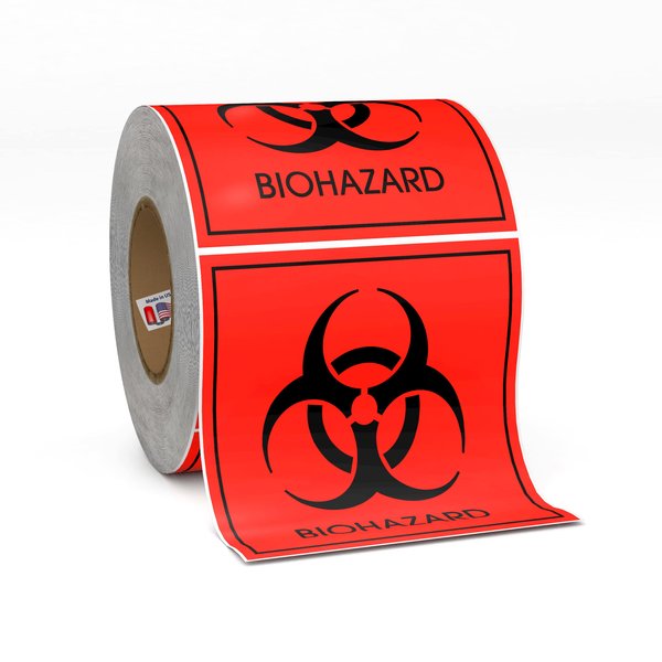 Biohazard Warning Labels 4" X 4" Inch, Fluorescent Red-Orange Hazardous Stickers 250 Labels Per Roll for Medical and Industrial Use and More - Made in The USA by Kenco (1)