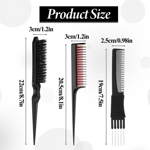 Teasing Comb for Fine Hair, 3 Pcs Barber Comb Set Includes Rattail Comb, Boar Bristle Hair Brush, Black Carbon Lift Teasing Combs with Metal Pick Professional Hair Styling Tools for Men Women Salon