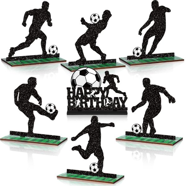 Geetery 7 Pcs Soccer Table Top Decorations Centerpieces Soccer Ball Happy Birthday Wooden Signs Soccer Player Silhouette Detachable Gifts for Football Fans Club Sports Theme Party Supplies