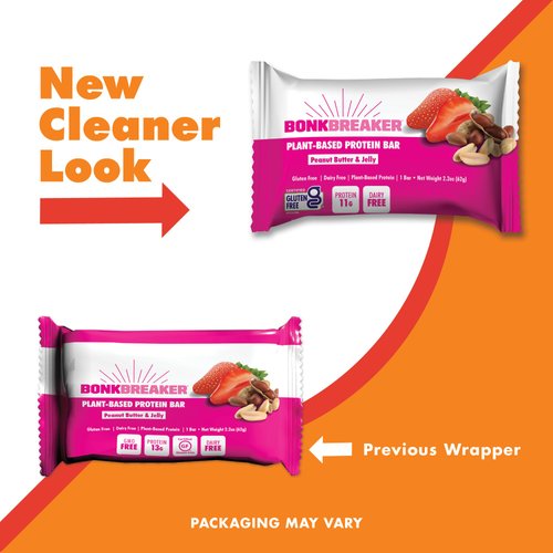 Bonk Breaker Plant Based Protein Bars, Gluten Free, Dairy Free, 13g Protein, Peanut Butter and Jelly Flavor, 62g Bar (12 Pack)