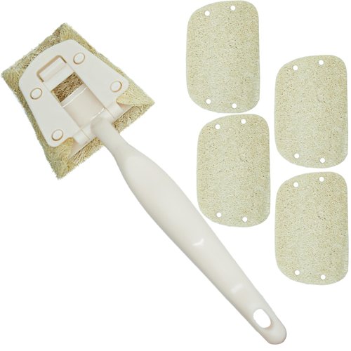 Natural Loofah Dish Sponge with Ergonomic Handle - Includes 1 Attached Loofah Scrubber + 4 Replaceable Pads - Eco-Friendly Kitchen Cleaning Tool for Dishwashing, Non-Scratch Cookware Cleaner