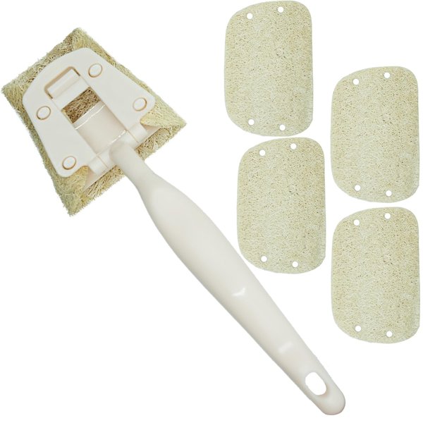 Natural Loofah Dish Sponge with Ergonomic Handle - Includes 1 Attached Loofah Scrubber + 4 Replaceable Pads - Eco-Friendly Kitchen Cleaning Tool for Dishwashing, Non-Scratch Cookware Cleaner