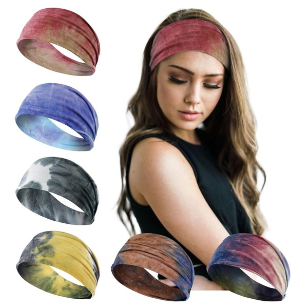 TERSE Headbands for Women Short Hair Non Slip Elastic Sweat Headbands Workout Soft Cloth Hair Bands Yoga Running Sport Thick Head Bands, Tie Dye Women Fashion Headbands