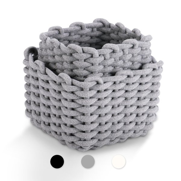 JooHome Small Woven Baskets, Decorative Square Storage Baskets for Pantry, Shelves, Living Room, Cotton Rope Organizer, Multi-Size, 2-Pack (Grey)