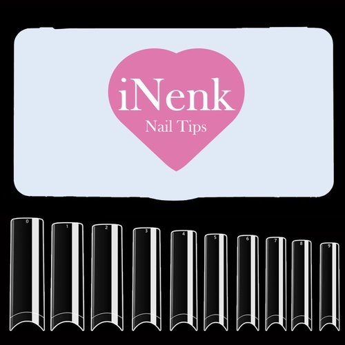 INENK Flattened No C Curve XXL Square Nail Tips,500 Pcs Clear Half Cover Tapered Square Straight Nail Tips Flat for Acrylic Nails Salons and DIY with a Box(10 Sizes)