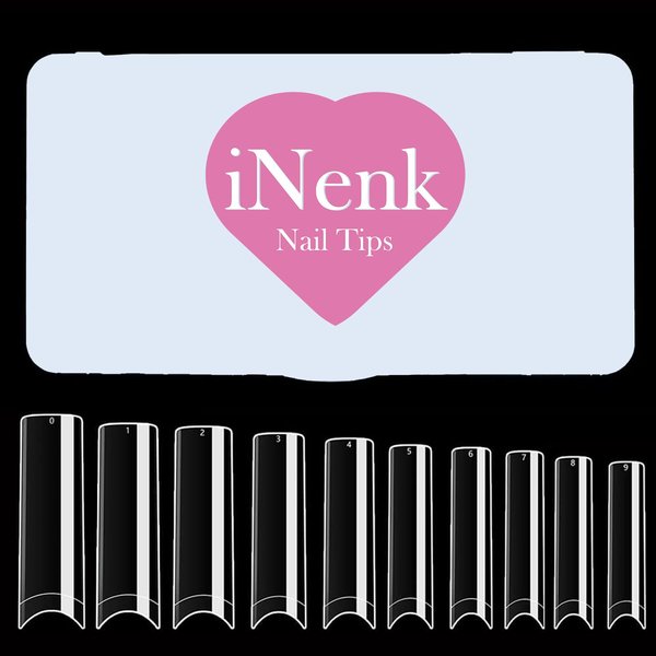 INENK Flattened No C Curve XXL Square Nail Tips,500 Pcs Clear Half Cover Tapered Square Straight Nail Tips Flat for Acrylic Nails Salons and DIY with a Box(10 Sizes)