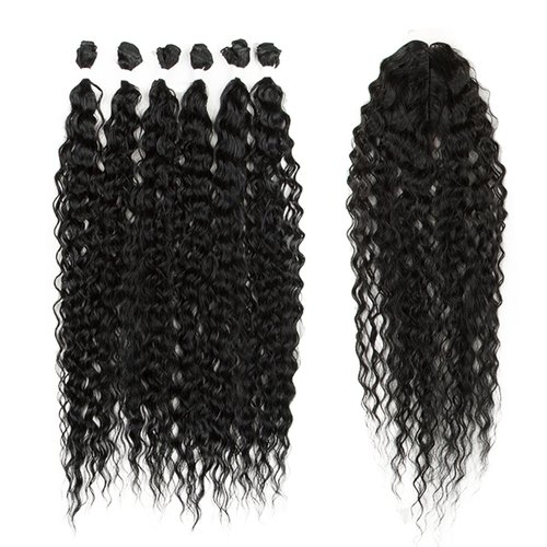 DÉBUT 30 Inch Synthetic Hair Bundles Water Wave 6 Bundles with Closure High Temperature Weaving Hair Extensions 290g for Full Head Heat Resistant Deep Curly Hair 7PCS 1B Black