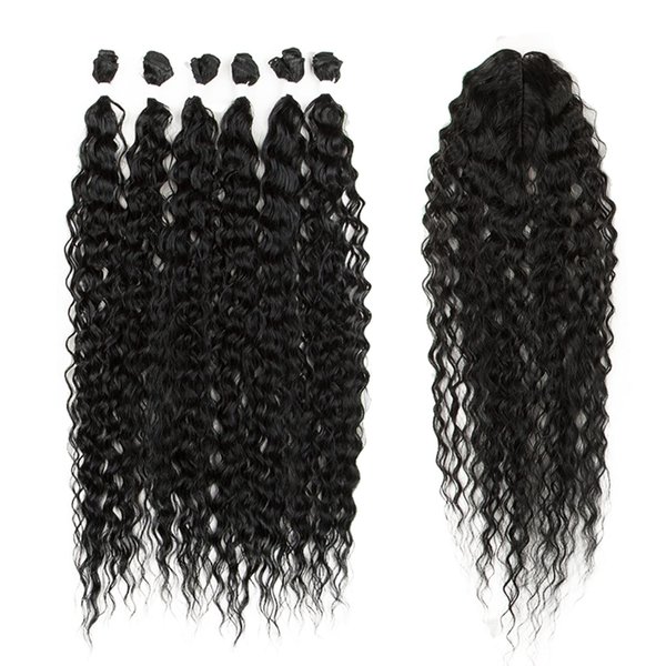 DÉBUT 30 Inch Synthetic Hair Bundles Water Wave 6 Bundles with Closure High Temperature Weaving Hair Extensions 290g for Full Head Heat Resistant Deep Curly Hair 7PCS 1B Black