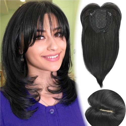 Adancyler Hair Toppers Hair Pieces with Curtain Bangs for Women Lightweight and Breathable Synthetic Clip in Hair Extensions(14", Black)