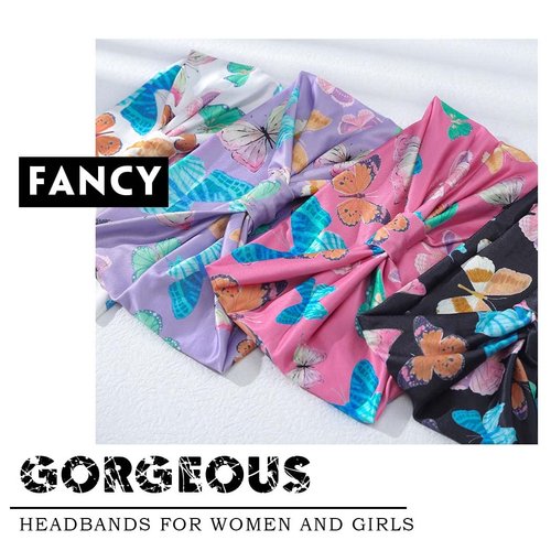 Aceorna Boho Butterfly Headbands Stretch Knotted Hairbands Floral Printed Hair Bands Elastic Turban Head Wraps Wide Head Bands for Women and Girls Pack of 4 (Butterfly A)