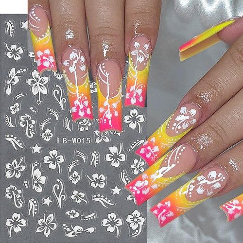 Spring Flower Nail Stickers, 4 Sheets 5D Hibiscus Nail Art Stickers Decals Embossed White Pink Elegant Floral Petal Wavy Line Strip Tropical Leaf Nail Supplies for Women Spring Nail Design Decoration