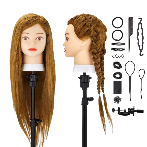 SZCY LLC Mannequin Head with Hair 80% Human Hair Straight 24-26" Doll Head with Hair Cosmetology Mannequin Head Human Hair for Hairdresser with Clamp Holder and Tools