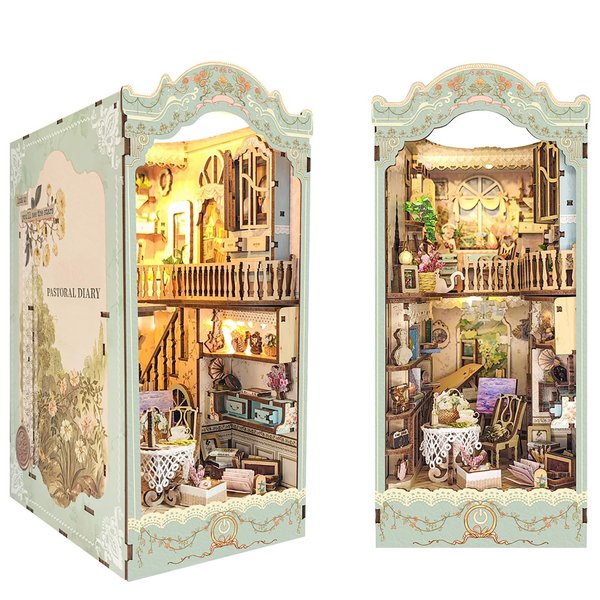 DIY Book Nook Kit, FOTEEMO Miniature Wooden Book Nook Building with LED Light Creative Bookend Model Kit DIY 3D Insert Wooden Puzzles Bookshelf for Teens Adults