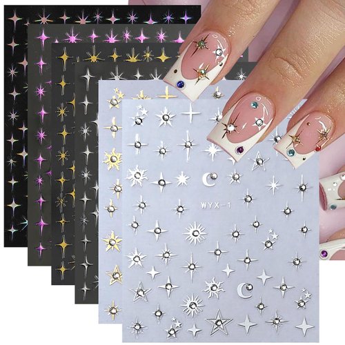 Star Nail Stickers for Nail Art, 6Pcs 3D Self-Adhesive Gold Silver Laser Stars Nail Art Stickers Shiny Crystal Design Star Sticker for Nails DIY Accessories Luxury Nail Decals Women Manicure Supplies