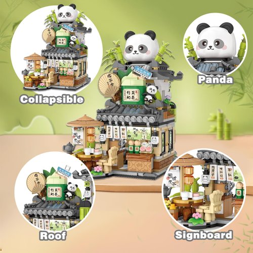 Mini Building Blocks Set - Foldable Bamboo Panda Tea Shop Creative Construction Building Toy 860 Pcs Mini Bricks for Boy Girl Age 7+(Panda)