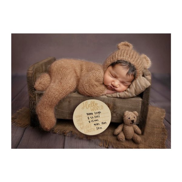 BLUETOP Baby Boy Costume Newborn Outfits, Newborn Photography Outfits Boy Girl Crochet Infant Costume with Bonnet, Hand-Knitted Costume for Baby Outfits Teddy Bear Costume with Baby Announcement Sign