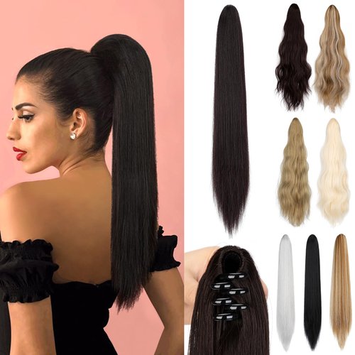 Cephermer Ponytail Extension 22'' 24'' Long Wavy Straight Claw Clip in Pony Tails Hair Extensions Natural Looking Synthetic Hairpiece for Women Black Brown