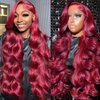 pidrez 99j Burgundy Lace Front Wigs Human Hair 28 Inch 13x6 Body Wave Lace Front Wigs Human Hair Pre Plucked 180 Density HD Transparent Red Colored Wigs Human Hair for Women with Baby Hair