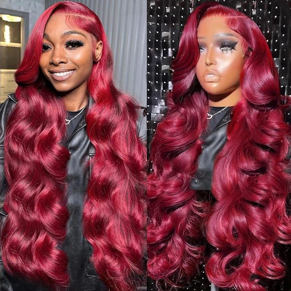 pidrez 99j Burgundy Lace Front Wigs Human Hair 28 Inch 13x6 Body Wave Lace Front Wigs Human Hair Pre Plucked 180 Density HD Transparent Red Colored Wigs Human Hair for Women with Baby Hair